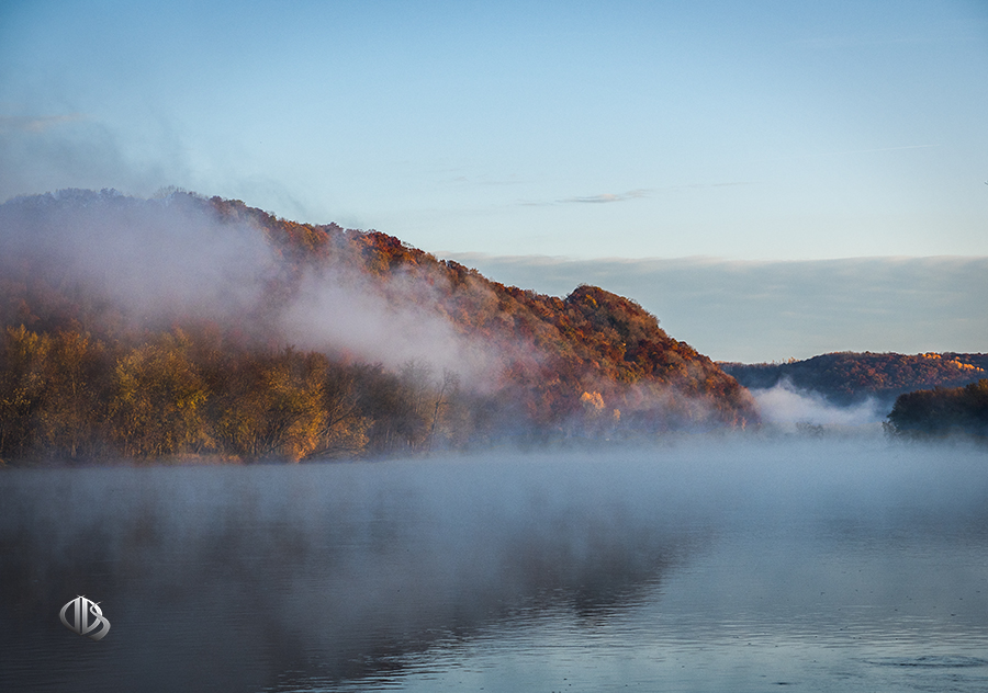 Wisconsin River bluff shrouded by fog on autumn morning (c) Timothy Jacobson
